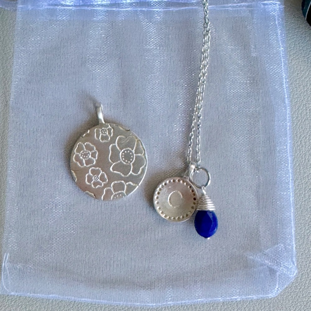 Stella & Dot Silver Initial “C” necklace with Floral Charm